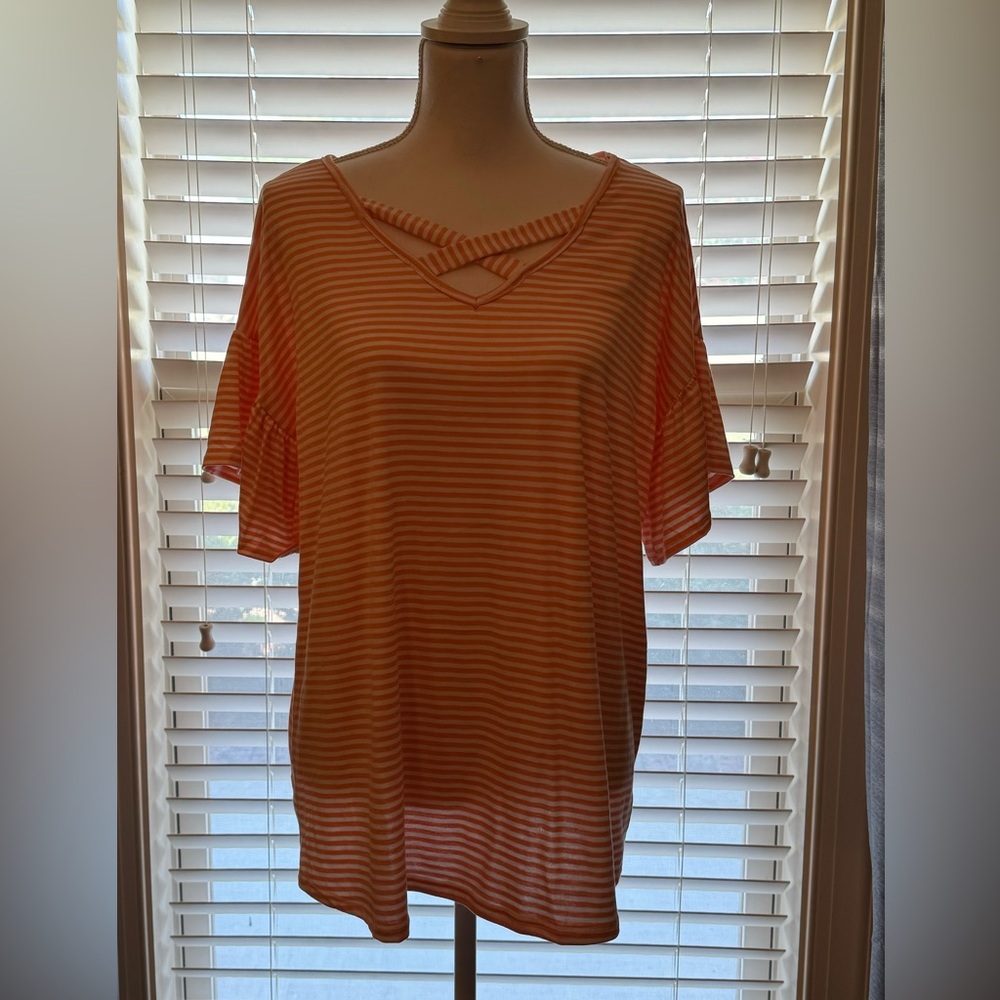 New! STRIPE JERSEY RUFFLED TOP IN SALMON